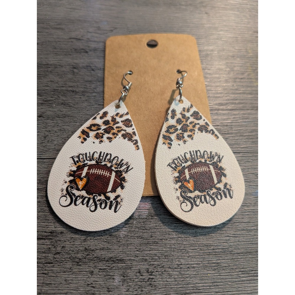 Touchdown Season Football Teardrop Earrings Leopard Print Faux Leather Game Day